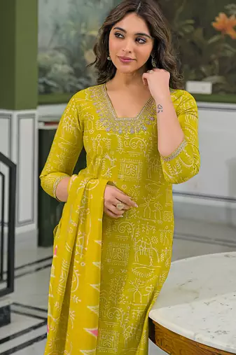 Women yellow viscose ethnic motifs printed straight kurta trousers with dupatta