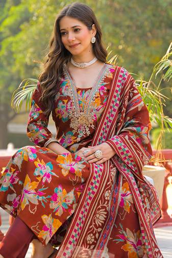 Women brown viscose floral printed straight kurta trousers with dupatta