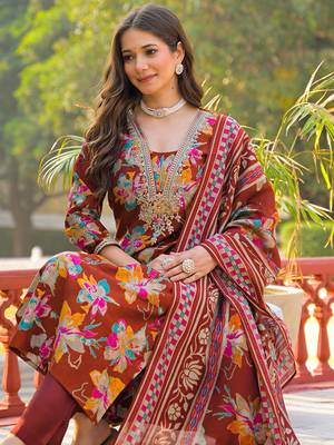 Women brown viscose floral printed straight kurta trousers with dupatta 1