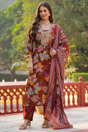 Women brown viscose floral printed straight kurta trousers with dupatta