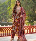 Women brown viscose floral printed straight kurta trousers with dupatta