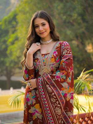 Women brown viscose floral printed straight kurta trousers with dupatta 2