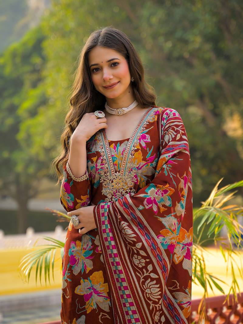 Women brown viscose floral printed straight kurta trousers with dupatta
