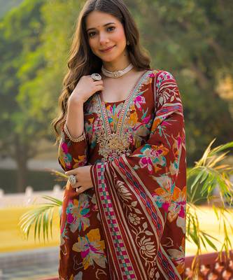 Women brown viscose floral printed straight kurta trousers with dupatta 2