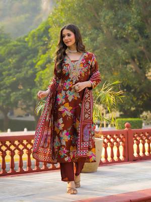 Women brown viscose floral printed straight kurta trousers with dupatta 3