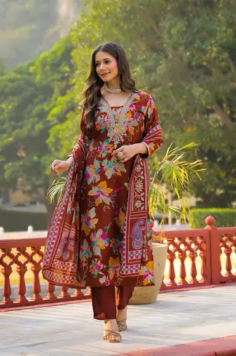 Women brown viscose floral printed straight kurta trousers with dupatta