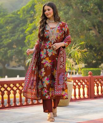 Women brown viscose floral printed straight kurta trousers with dupatta 3