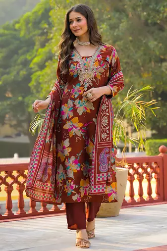 Women brown viscose floral printed straight kurta trousers with dupatta