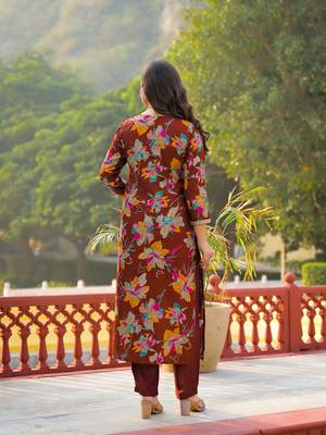 Women brown viscose floral printed straight kurta trousers with dupatta 4