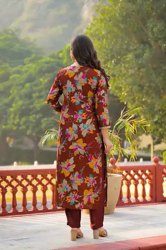 Women brown viscose floral printed straight kurta trousers with dupatta