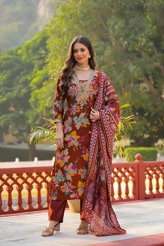 Women brown viscose floral printed straight kurta trousers with dupatta