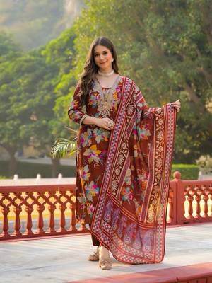 Women brown viscose floral printed straight kurta trousers with dupatta 5