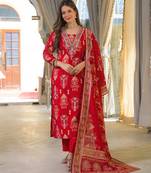 Women red viscose ikat printed straight kurta trousers with dupatta