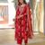 Women red viscose ikat printed straight kurta trousers with dupatta