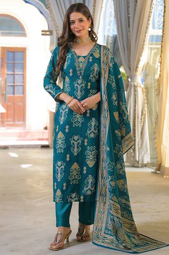 Women blue viscose ikat printed straight kurta trousers with dupatta