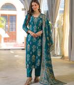 Women blue viscose ikat printed straight kurta trousers with dupatta
