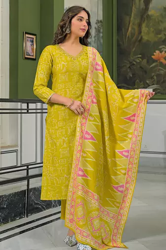 Women yellow viscose ethnic motifs printed straight kurta trousers with dupatta
