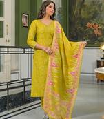 Women yellow viscose ethnic motifs printed straight kurta trousers with dupatta