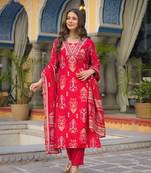 Women pink viscose ikat printed straight kurta trousers with dupatta