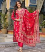 Women pink viscose ikat printed straight kurta trousers with dupatta