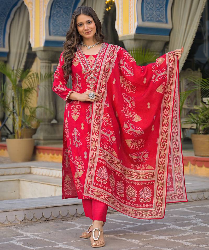 Women pink viscose ikat printed straight kurta trousers with dupatta