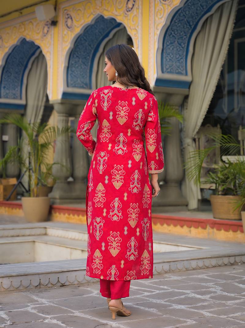 Women pink viscose ikat printed straight kurta trousers with dupatta