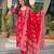 Women red viscose ikat printed straight kurta trousers with dupatta