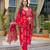 Women red viscose ikat printed straight kurta trousers with dupatta