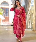 Women red viscose ethnic motifs printed straight kurta trousers with dupatta