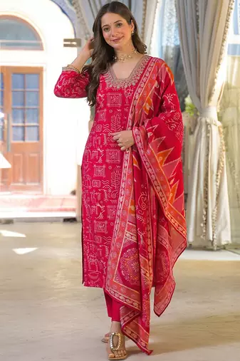 Women red viscose ethnic motifs printed straight kurta trousers with dupatta