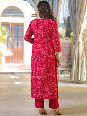 Women red viscose ethnic motifs printed straight kurta trousers with dupatta 4