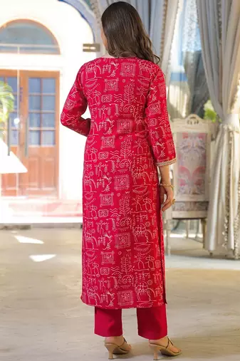Women red viscose ethnic motifs printed straight kurta trousers with dupatta