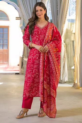 Women red viscose ethnic motifs printed straight kurta trousers with dupatta