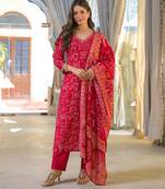 Women red viscose ethnic motifs printed straight kurta trousers with dupatta