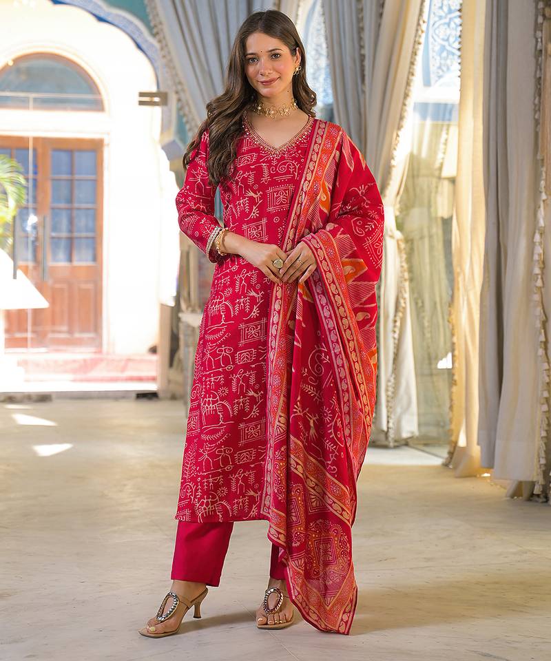 Women red viscose ethnic motifs printed straight kurta trousers with dupatta