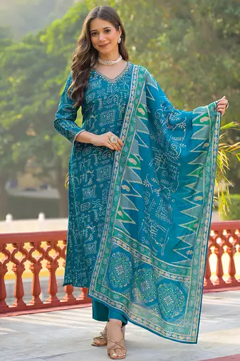 Women blue viscose ethnic motifs printed straight kurta trousers with dupatta