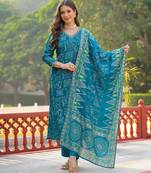 Women blue viscose ethnic motifs printed straight kurta trousers with dupatta