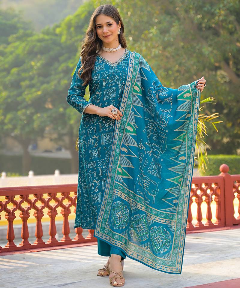 Women blue viscose ethnic motifs printed straight kurta trousers with dupatta