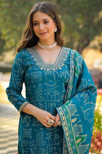 Women blue viscose ethnic motifs printed straight kurta trousers with dupatta