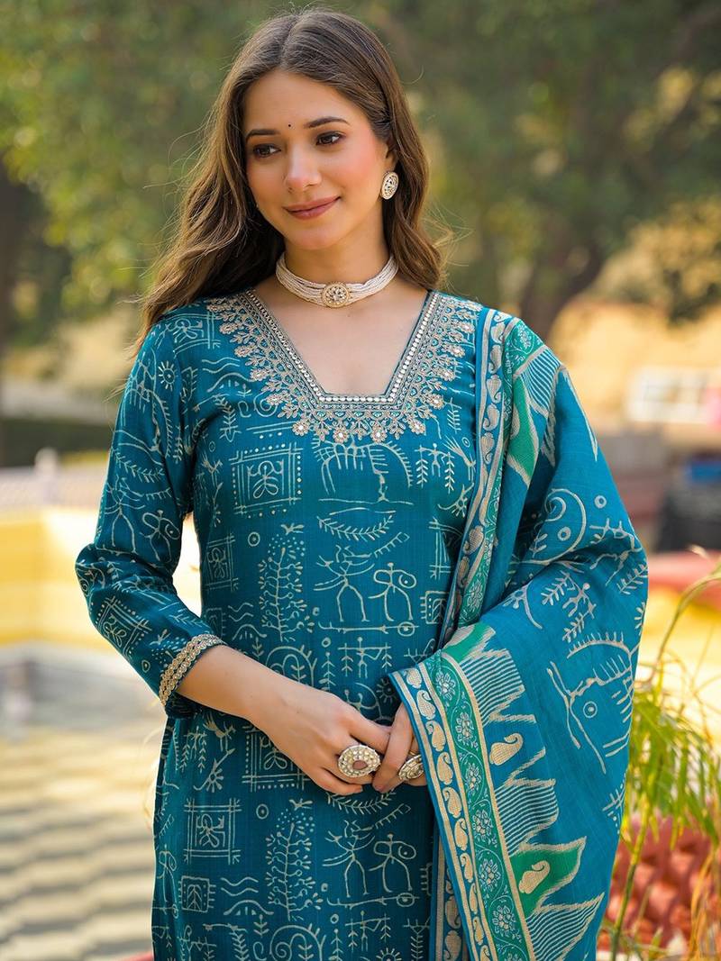 Women blue viscose ethnic motifs printed straight kurta trousers with dupatta