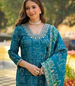 Women blue viscose ethnic motifs printed straight kurta trousers with dupatta