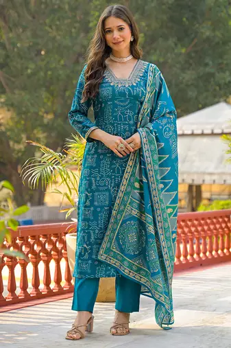 Women blue viscose ethnic motifs printed straight kurta trousers with dupatta