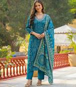 Women blue viscose ethnic motifs printed straight kurta trousers with dupatta