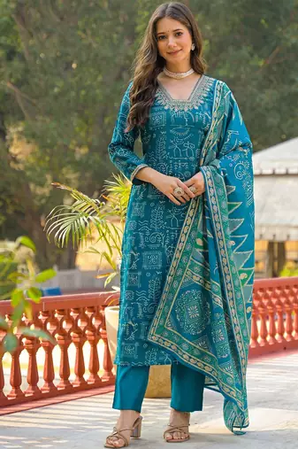 Women blue viscose ethnic motifs printed straight kurta trousers with dupatta