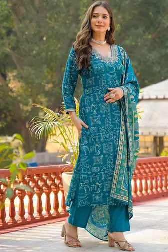 Women blue viscose ethnic motifs printed straight kurta trousers with dupatta
