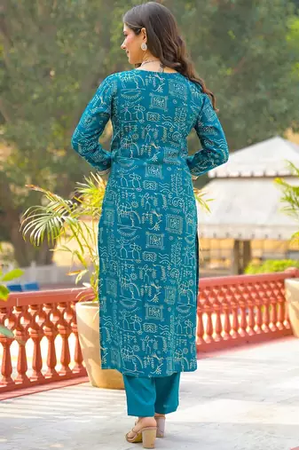 Women blue viscose ethnic motifs printed straight kurta trousers with dupatta