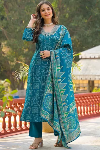 Women blue viscose ethnic motifs printed straight kurta trousers with dupatta