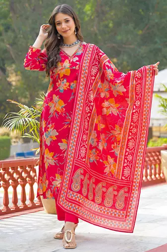 Women red viscose floral printed straight kurta trousers with dupatta