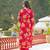 Women red viscose floral printed straight kurta trousers with dupatta