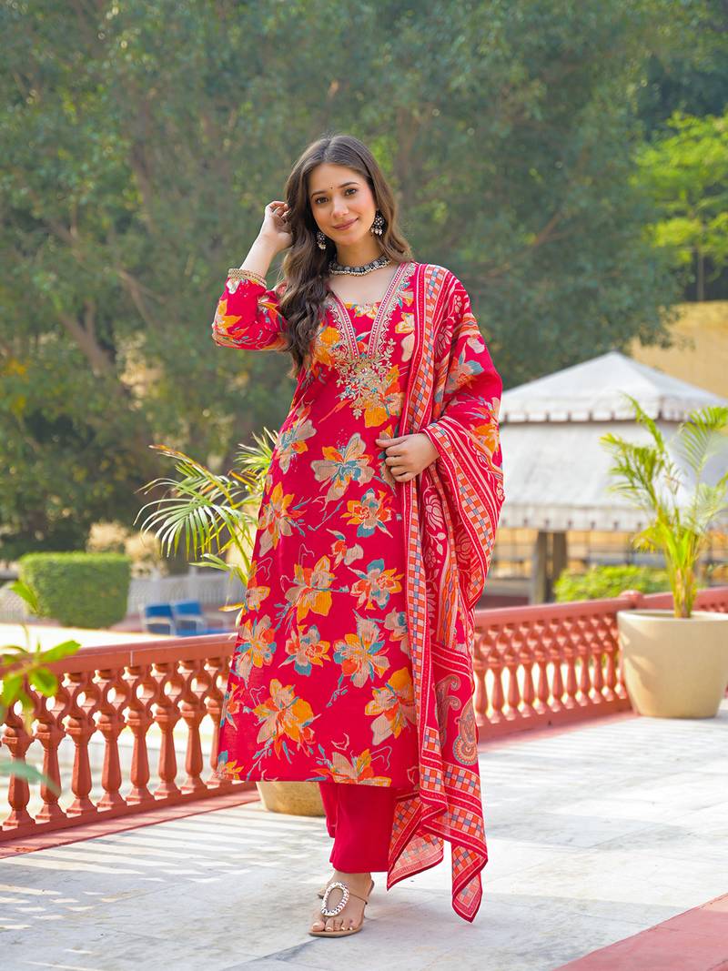 Women red viscose floral printed straight kurta trousers with dupatta